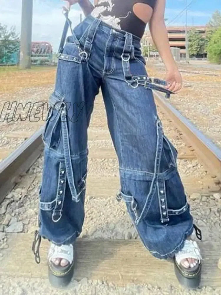Hnewly y2k Bandage Cargo Jeans Punk Metal Blue Baggy Streetwear Pants Women Korean Grunge Aesthetic Jeans Stylish Vintage 90s