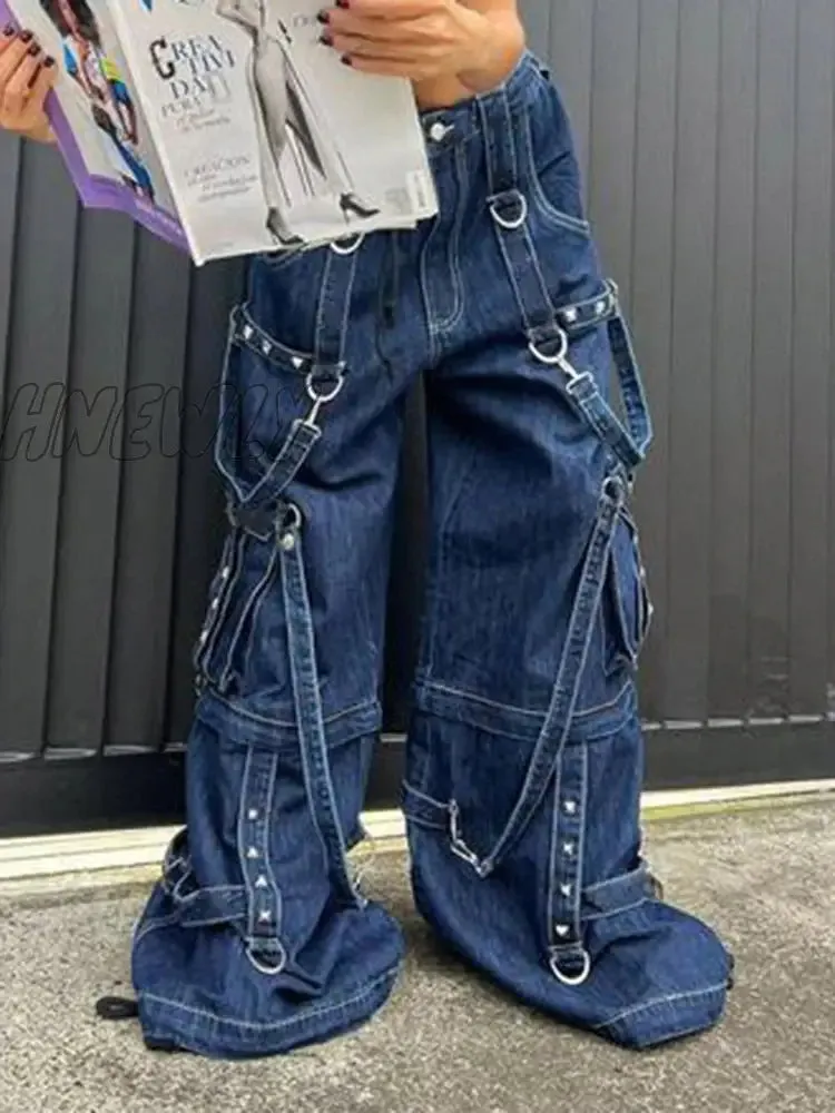 Hnewly y2k Bandage Cargo Jeans Punk Metal Blue Baggy Streetwear Pants Women Korean Grunge Aesthetic Jeans Stylish Vintage 90s