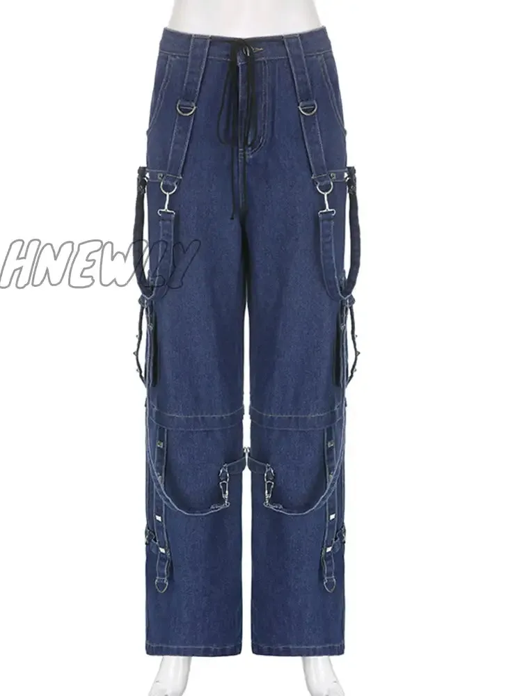 Hnewly y2k Bandage Cargo Jeans Punk Metal Blue Baggy Streetwear Pants Women Korean Grunge Aesthetic Jeans Stylish Vintage 90s