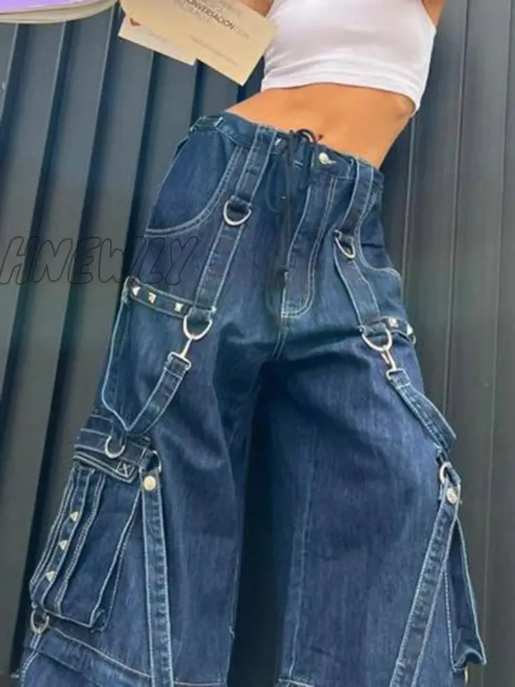 Hnewly y2k Bandage Cargo Jeans Punk Metal Blue Baggy Streetwear Pants Women Korean Grunge Aesthetic Jeans Stylish Vintage 90s