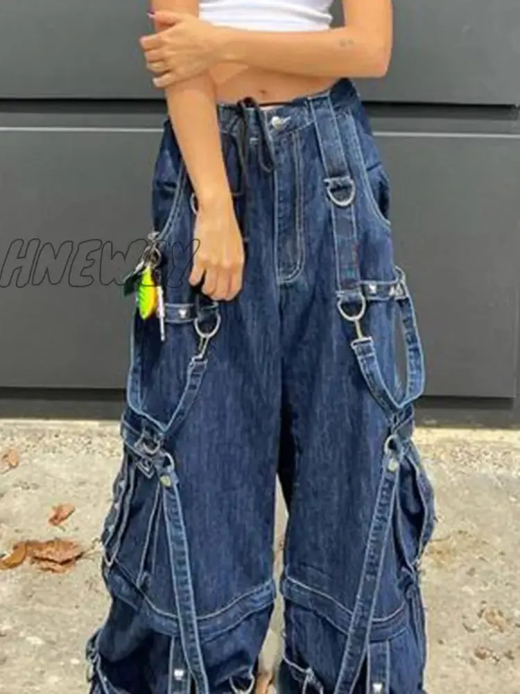 Hnewly y2k Bandage Cargo Jeans Punk Metal Blue Baggy Streetwear Pants Women Korean Grunge Aesthetic Jeans Stylish Vintage 90s