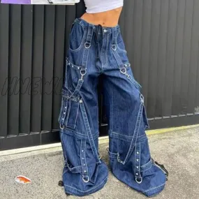 Hnewly y2k Bandage Cargo Jeans Punk Metal Blue Baggy Streetwear Pants Women Korean Grunge Aesthetic Jeans Stylish Vintage 90s