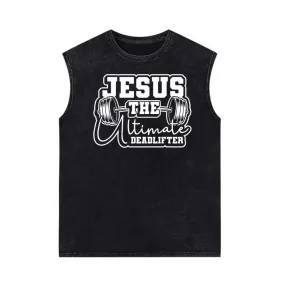 Jesus The Deadlifter Dumbbell Pattern Vintage Washed Vest Top