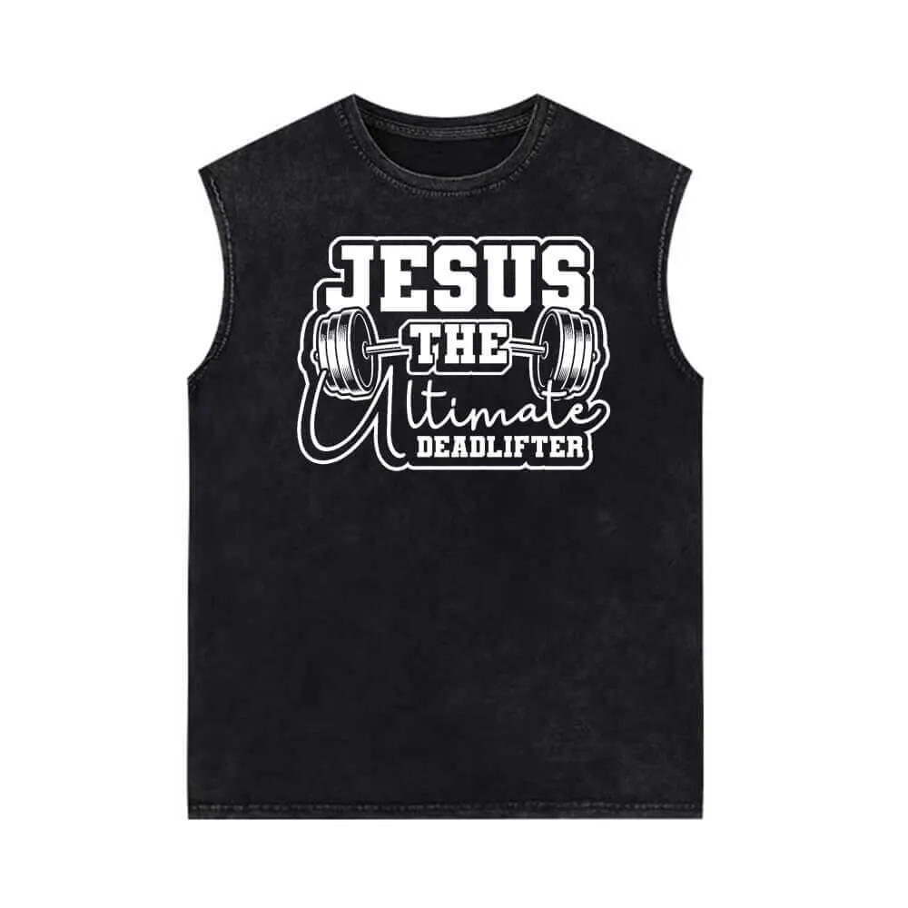 Jesus The Deadlifter Dumbbell Pattern Vintage Washed Vest Top