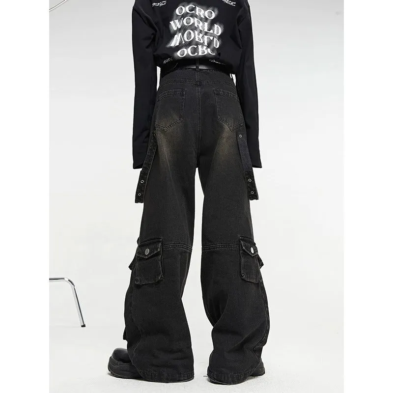Jinquedai grunge outfits American High Street Multi-Pocket Retro Wide Leg Jeans Men's Loose Street Hiphop Hip Hop Straight Pants Fashion