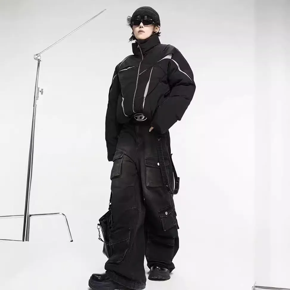 Jinquedai grunge outfits American High Street Multi-Pocket Retro Wide Leg Jeans Men's Loose Street Hiphop Hip Hop Straight Pants Fashion