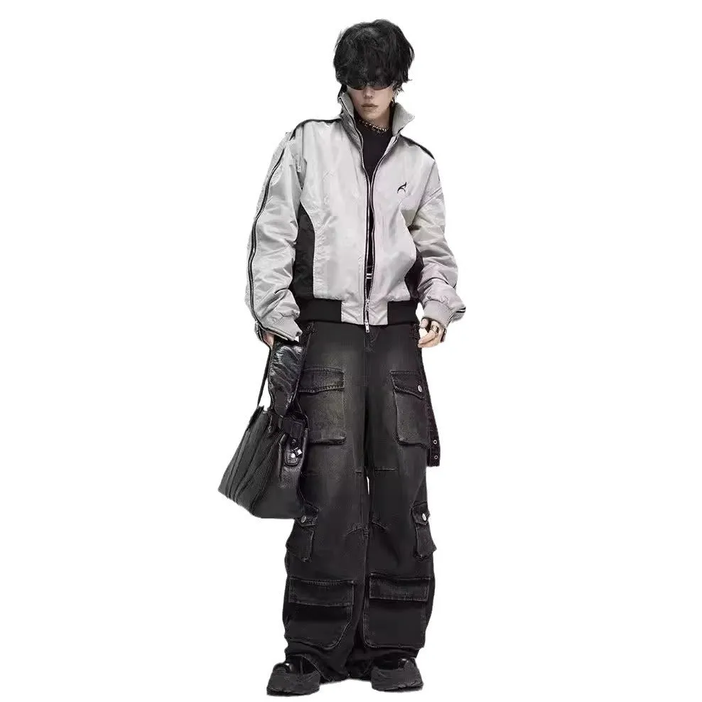 Jinquedai grunge outfits American High Street Multi-Pocket Retro Wide Leg Jeans Men's Loose Street Hiphop Hip Hop Straight Pants Fashion