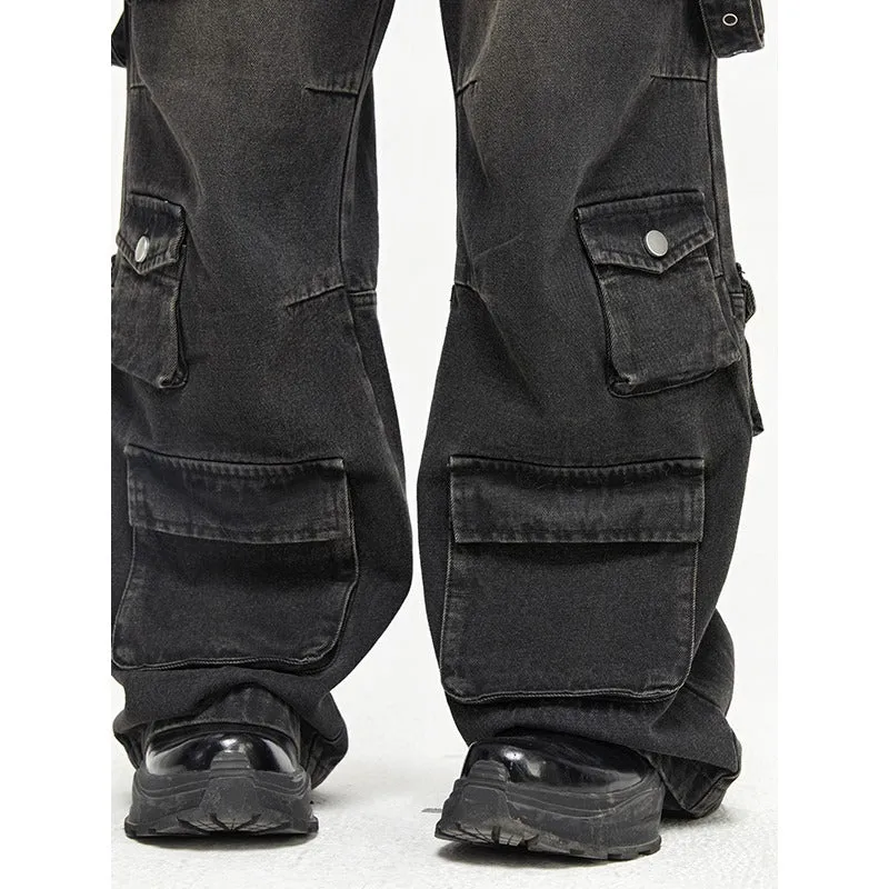 Jinquedai grunge outfits American High Street Multi-Pocket Retro Wide Leg Jeans Men's Loose Street Hiphop Hip Hop Straight Pants Fashion