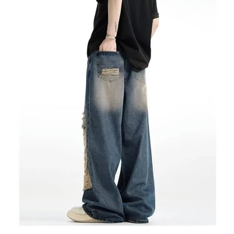 Jinquedai grunge outfits INS Trendy Niche Ripped Jeans Men's Hip Hop Retro Fried Street Loose Wide Leg Casual Trousers