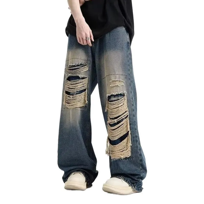 Jinquedai grunge outfits INS Trendy Niche Ripped Jeans Men's Hip Hop Retro Fried Street Loose Wide Leg Casual Trousers