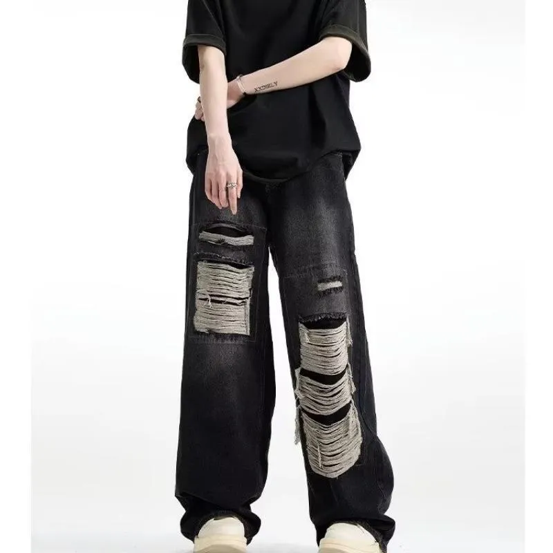 Jinquedai grunge outfits INS Trendy Niche Ripped Jeans Men's Hip Hop Retro Fried Street Loose Wide Leg Casual Trousers