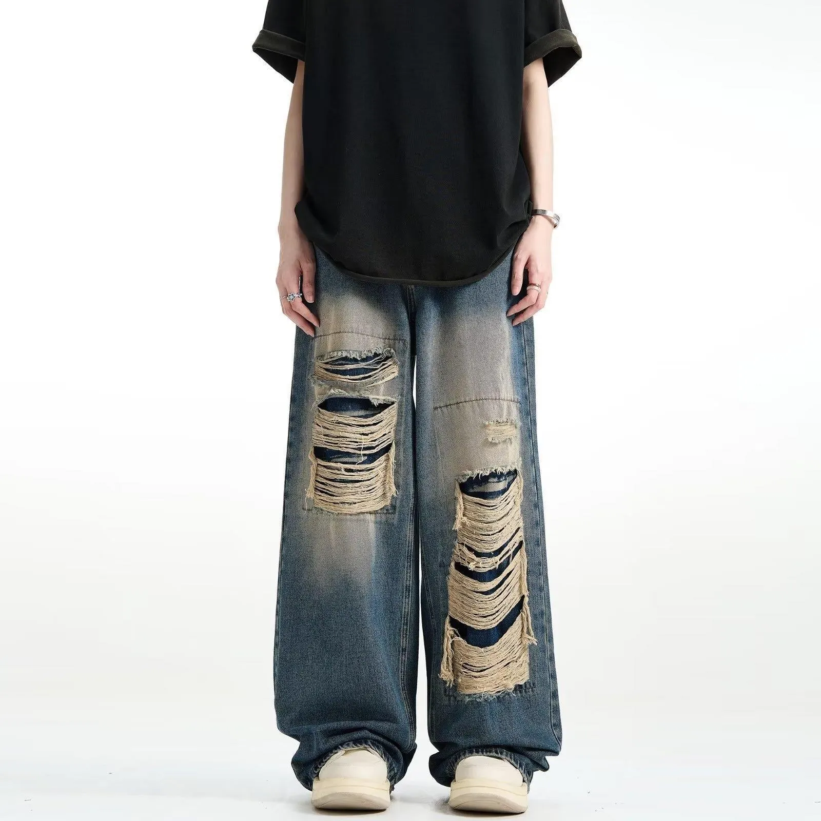Jinquedai grunge outfits INS Trendy Niche Ripped Jeans Men's Hip Hop Retro Fried Street Loose Wide Leg Casual Trousers