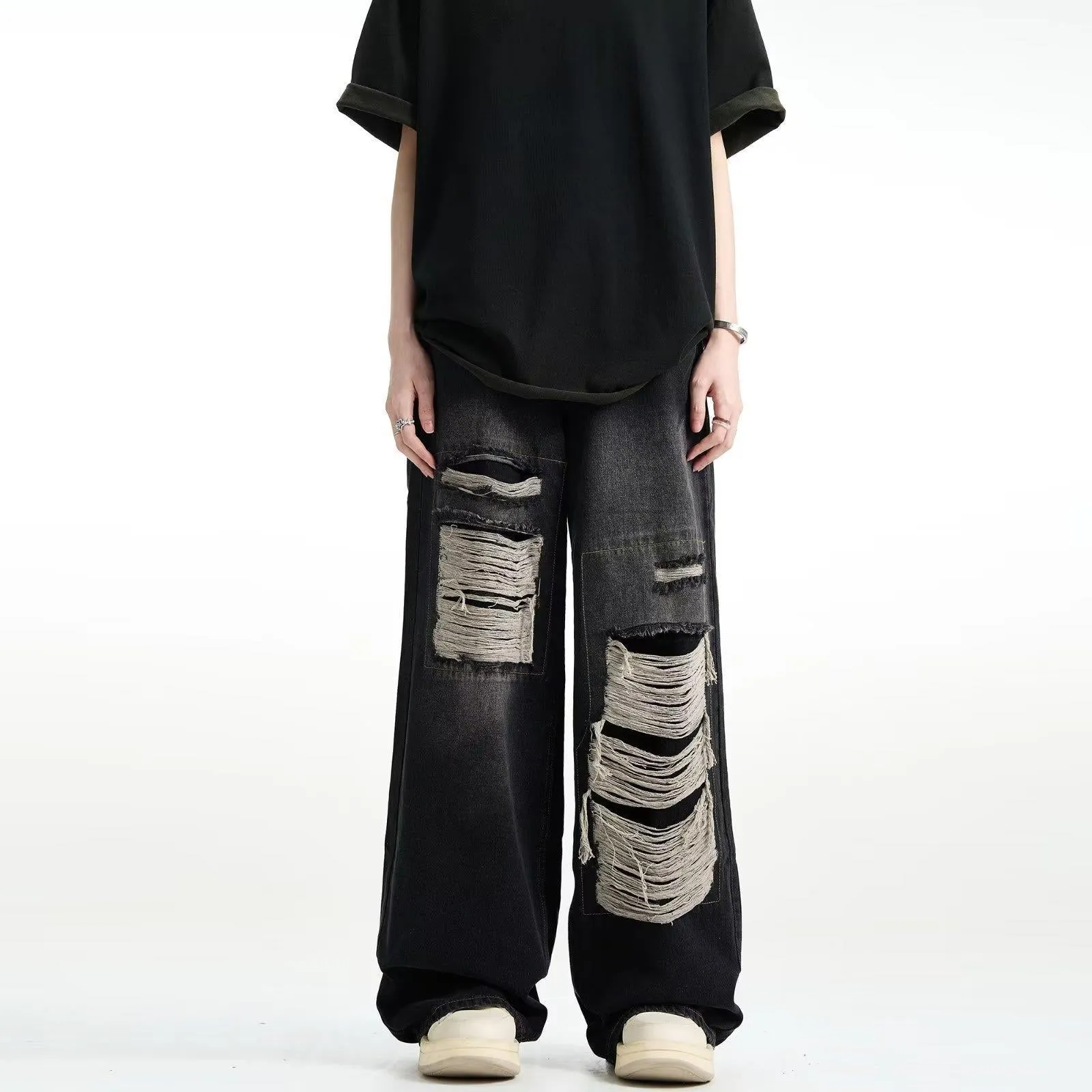Jinquedai grunge outfits INS Trendy Niche Ripped Jeans Men's Hip Hop Retro Fried Street Loose Wide Leg Casual Trousers