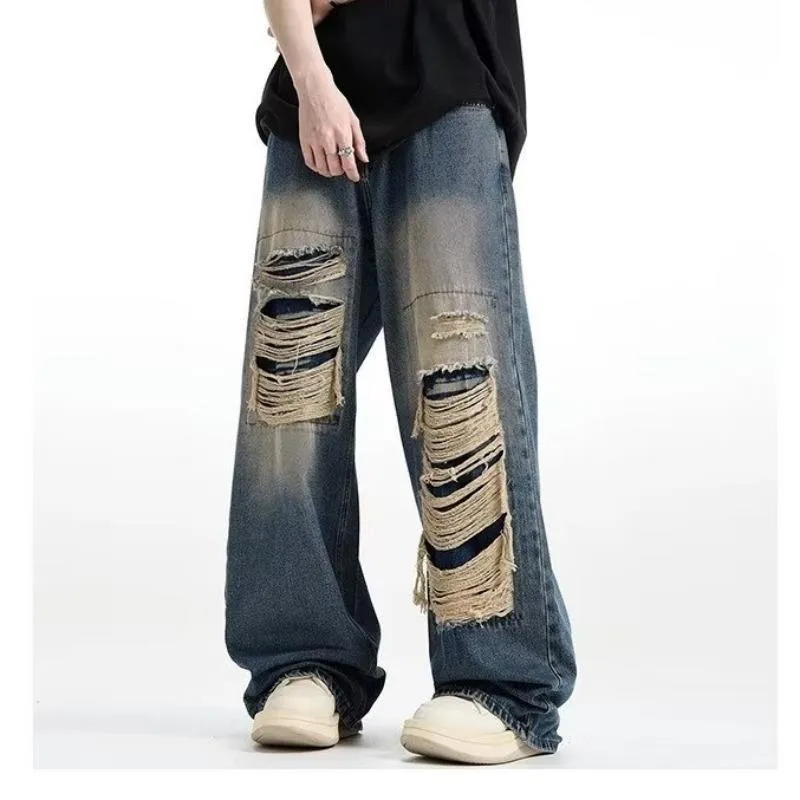 Jinquedai grunge outfits INS Trendy Niche Ripped Jeans Men's Hip Hop Retro Fried Street Loose Wide Leg Casual Trousers