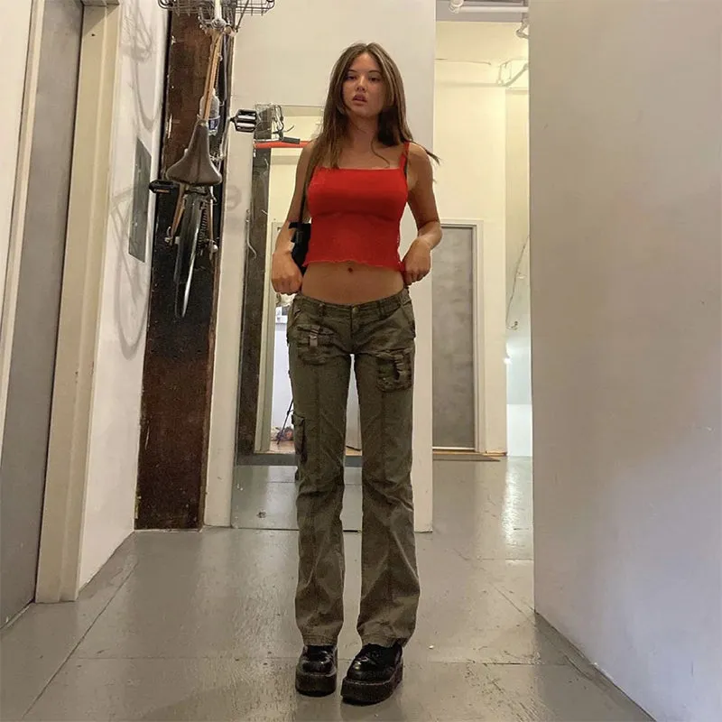 KittenAlarm - Mojoyce Retro Grunge Cargo Denim Jeans Streetwear Korean Vintage 90s Low Waist Trousers Aesthetic 90s Straight Pants Cuteandpsycho