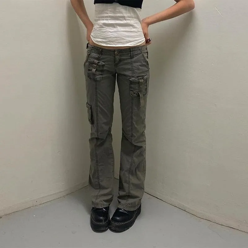 KittenAlarm - Mojoyce Retro Grunge Cargo Denim Jeans Streetwear Korean Vintage 90s Low Waist Trousers Aesthetic 90s Straight Pants Cuteandpsycho