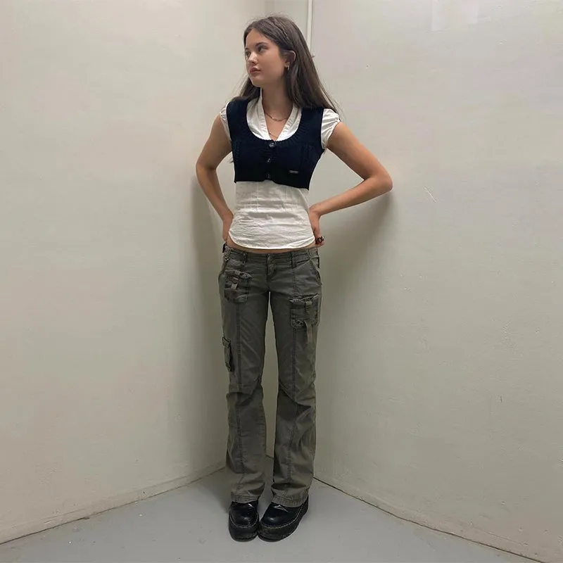 KittenAlarm - Mojoyce Retro Grunge Cargo Denim Jeans Streetwear Korean Vintage 90s Low Waist Trousers Aesthetic 90s Straight Pants Cuteandpsycho
