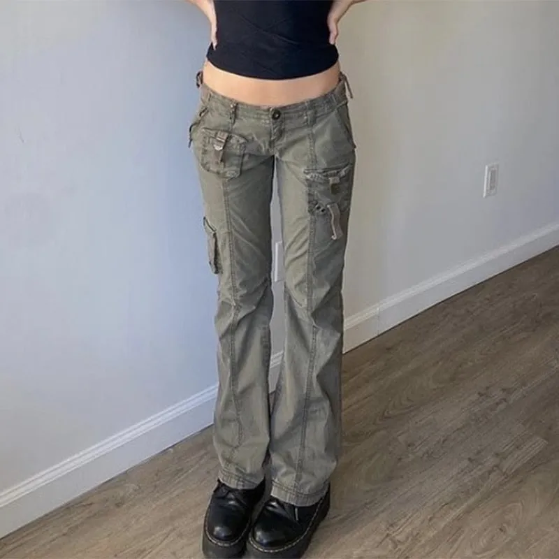 KittenAlarm - Mojoyce Retro Grunge Cargo Denim Jeans Streetwear Korean Vintage 90s Low Waist Trousers Aesthetic 90s Straight Pants Cuteandpsycho