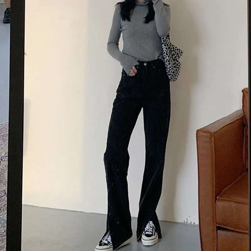 Lanfubeisi grunge dti Black and Gray Straight Split Jeans for Women Spring New High Waist Slimming Loose BF Style Mop Wide Leg Pants Fashion