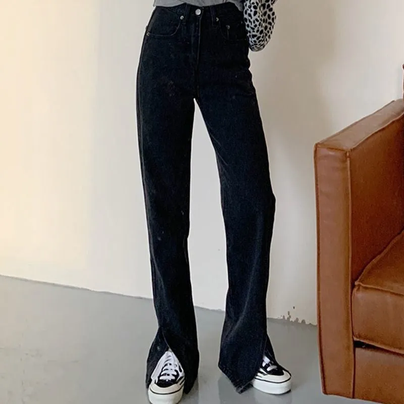 Lanfubeisi grunge dti Black and Gray Straight Split Jeans for Women Spring New High Waist Slimming Loose BF Style Mop Wide Leg Pants Fashion