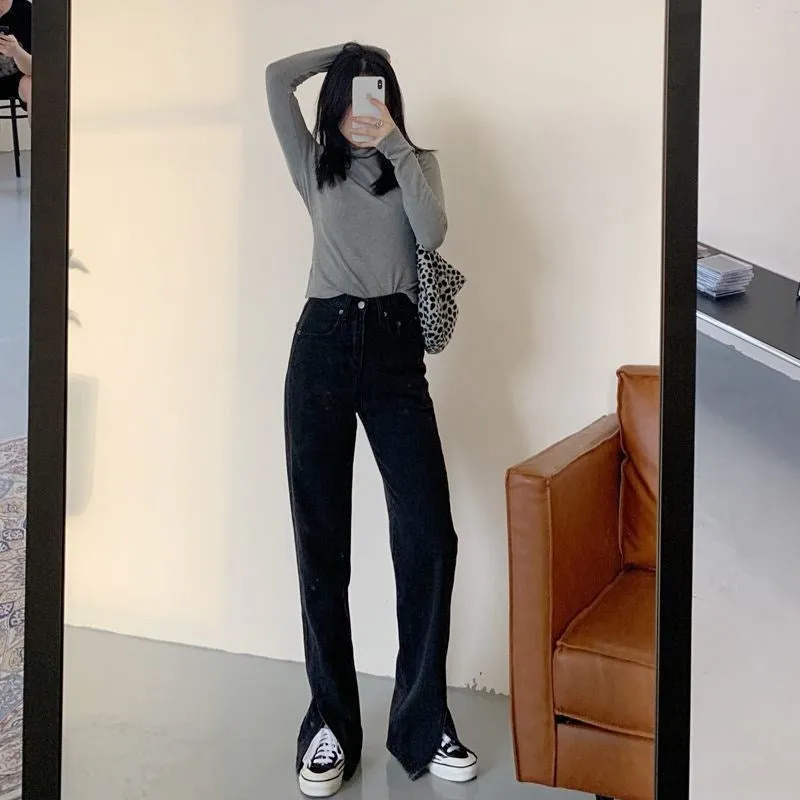 Lanfubeisi grunge dti Black and Gray Straight Split Jeans for Women Spring New High Waist Slimming Loose BF Style Mop Wide Leg Pants Fashion