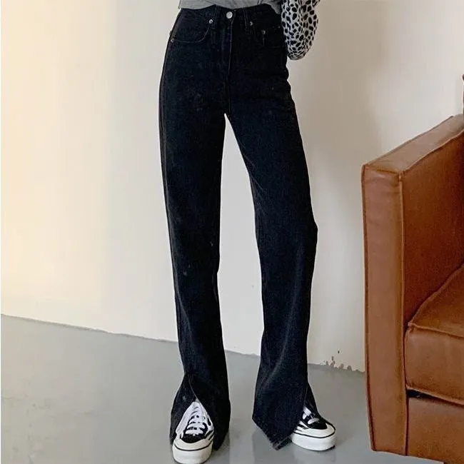 Lanfubeisi grunge dti Black and Gray Straight Split Jeans for Women Spring New High Waist Slimming Loose BF Style Mop Wide Leg Pants Fashion