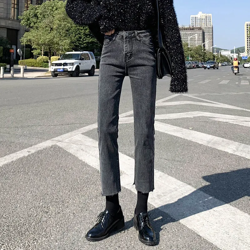 Lanfubeisi grunge outfits Black and Gray Straight Jeans Women's Autumn and Winter High Waist Stretch Slim Fit Slimming Small Loose Frayed Ankle-Length Pipe Pants