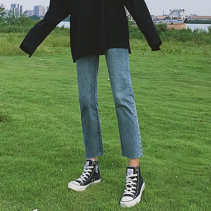 Lanfubeisi grunge outfits Black and Gray Straight Jeans Women's Autumn and Winter High Waist Stretch Slim Fit Slimming Small Loose Frayed Ankle-Length Pipe Pants