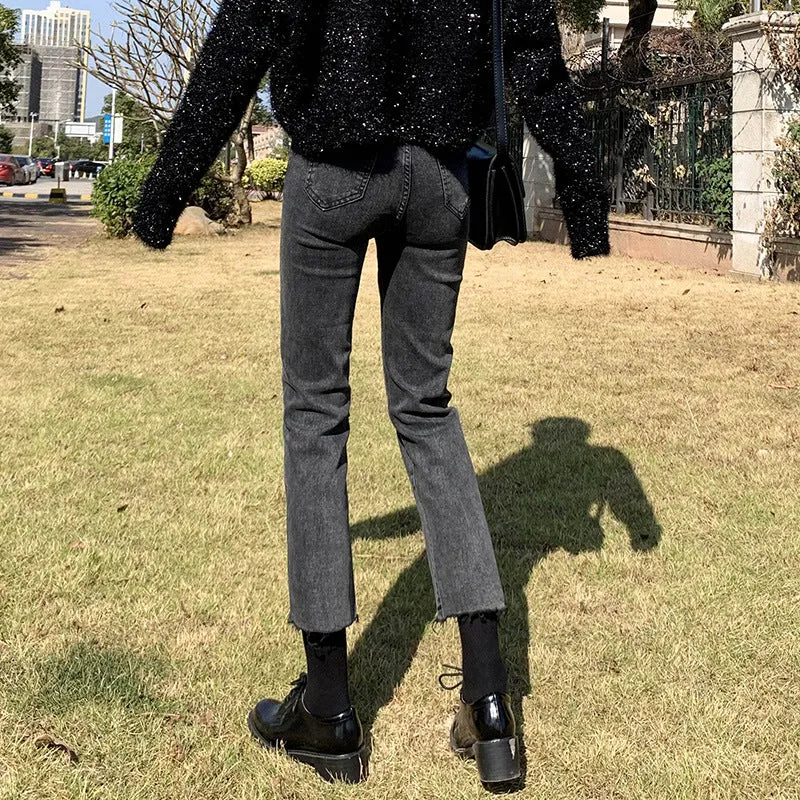 Lanfubeisi grunge outfits Black and Gray Straight Jeans Women's Autumn and Winter High Waist Stretch Slim Fit Slimming Small Loose Frayed Ankle-Length Pipe Pants