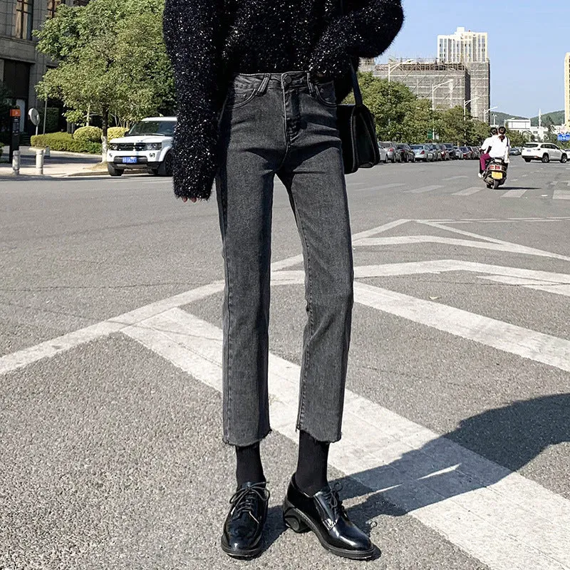 Lanfubeisi grunge outfits Black and Gray Straight Jeans Women's Autumn and Winter High Waist Stretch Slim Fit Slimming Small Loose Frayed Ankle-Length Pipe Pants