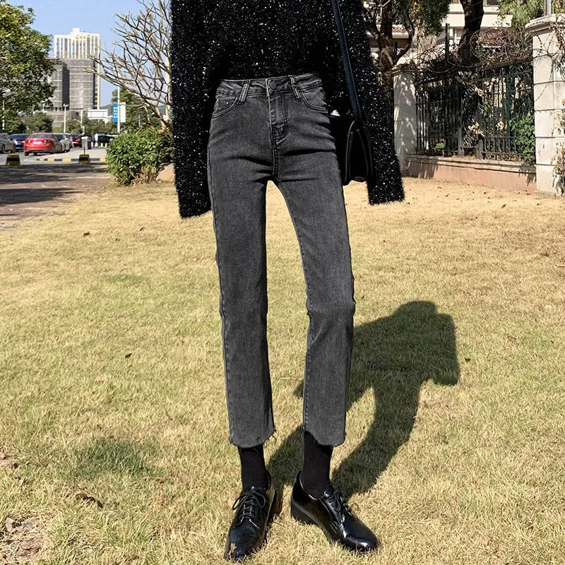 Lanfubeisi grunge outfits Black and Gray Straight Jeans Women's Autumn and Winter High Waist Stretch Slim Fit Slimming Small Loose Frayed Ankle-Length Pipe Pants