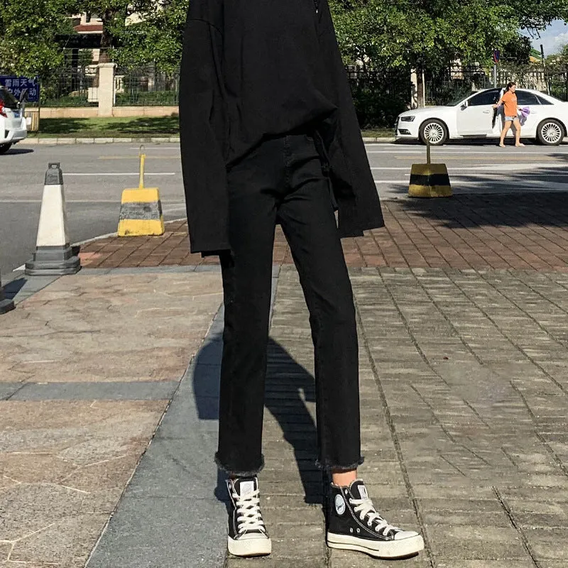 Lanfubeisi grunge outfits Black and Gray Straight Jeans Women's Autumn and Winter High Waist Stretch Slim Fit Slimming Small Loose Frayed Ankle-Length Pipe Pants