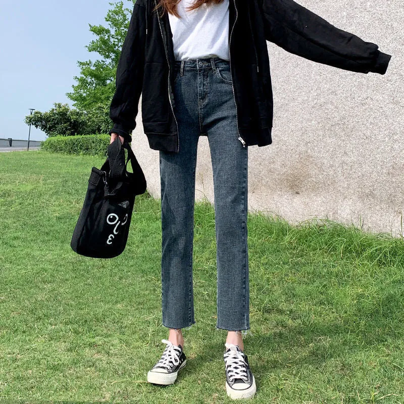 Lanfubeisi grunge outfits Black and Gray Straight Jeans Women's Autumn and Winter High Waist Stretch Slim Fit Slimming Small Loose Frayed Ankle-Length Pipe Pants