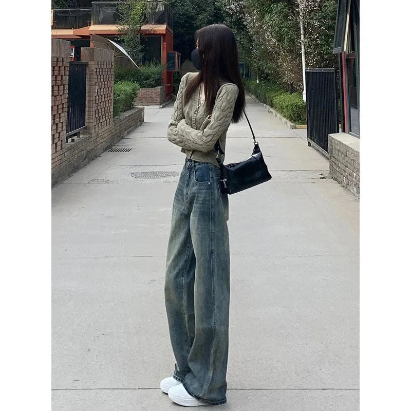 Lanfubeisi grunge outfits Women's American-Style Wide-Leg Jeans Autumn New Retro High Waist Loose Slimming All-Match Straight Mop Pants