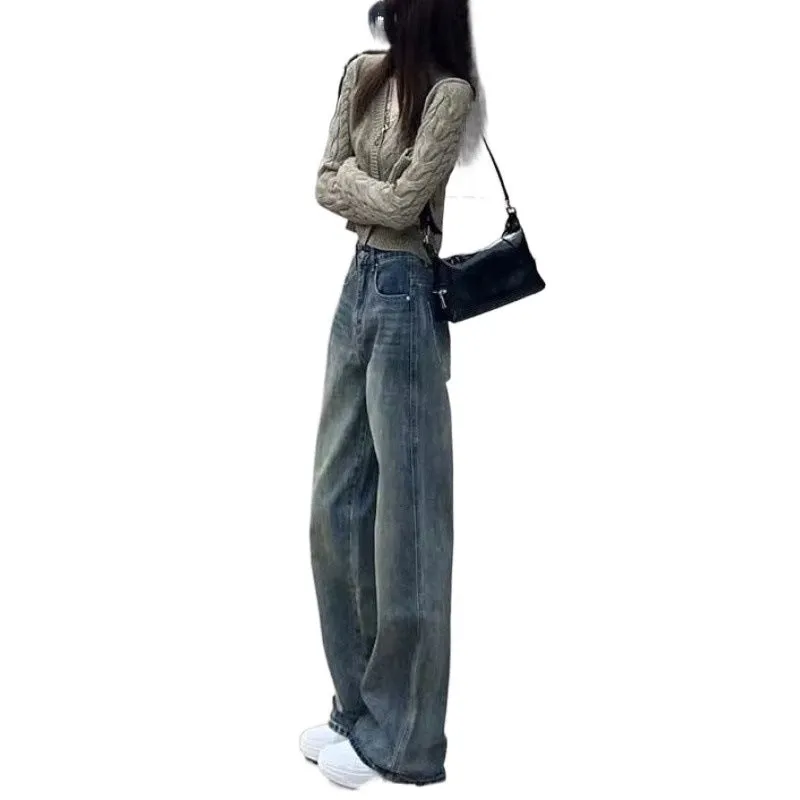 Lanfubeisi grunge outfits Women's American-Style Wide-Leg Jeans Autumn New Retro High Waist Loose Slimming All-Match Straight Mop Pants
