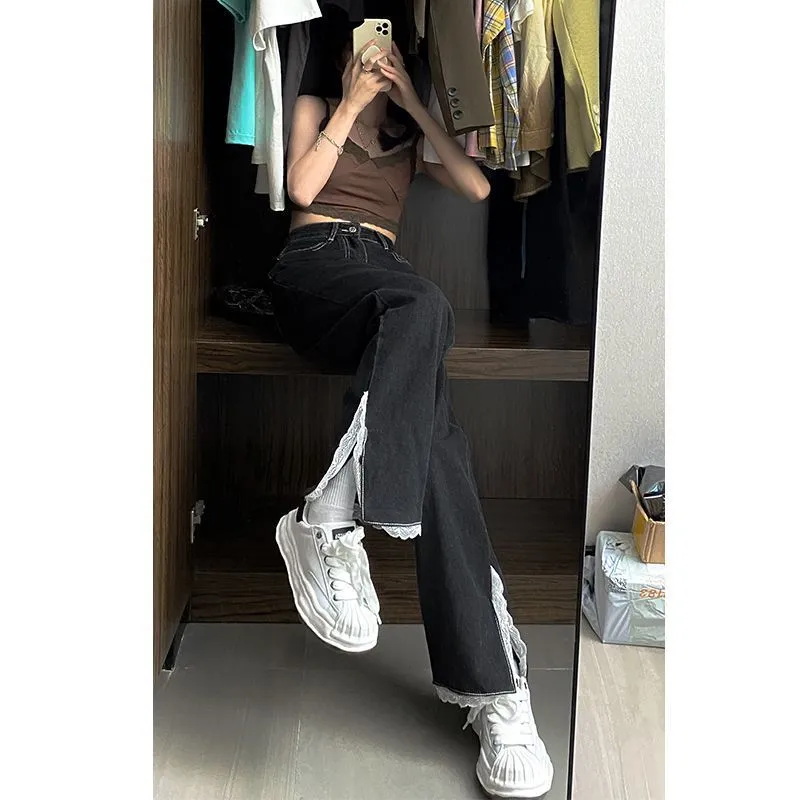 Lanfubeisi grunge outfits Women's American-Style Wide-Leg Jeans Autumn New Retro High Waist Loose Slimming All-Match Straight Mop Pants