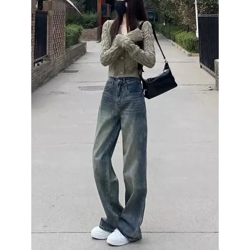 Lanfubeisi grunge outfits Women's American-Style Wide-Leg Jeans Autumn New Retro High Waist Loose Slimming All-Match Straight Mop Pants