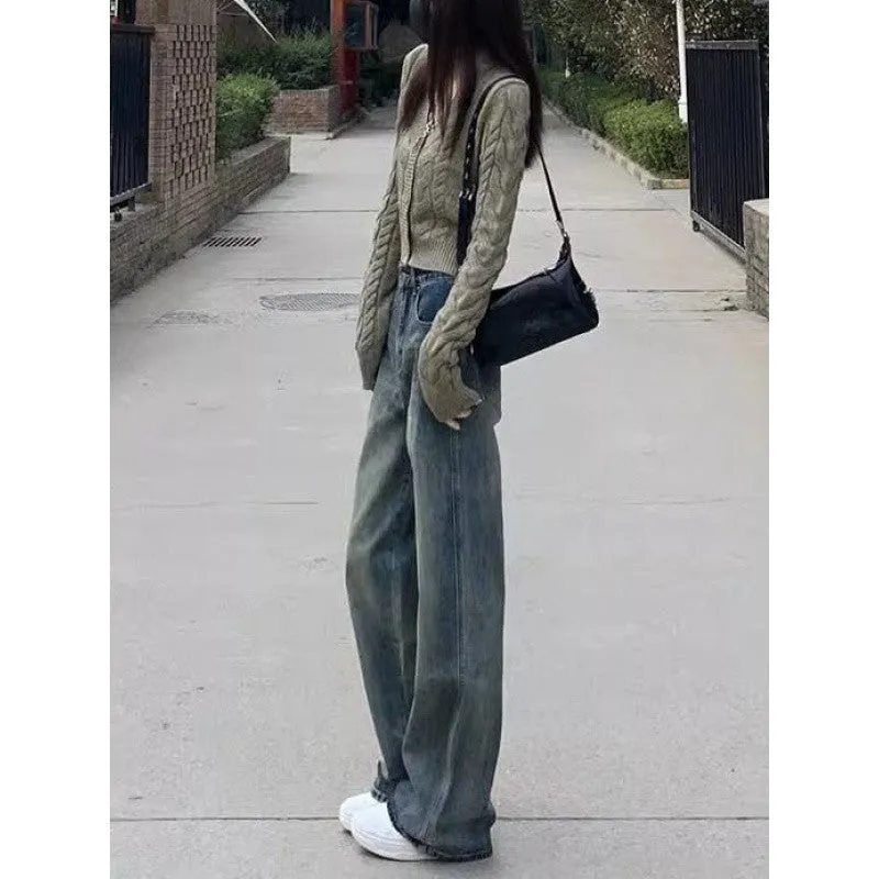 Lanfubeisi grunge outfits Women's American-Style Wide-Leg Jeans Autumn New Retro High Waist Loose Slimming All-Match Straight Mop Pants