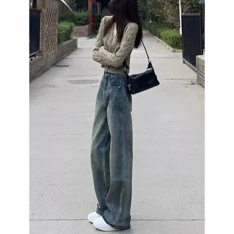 Lanfubeisi grunge outfits Women's American-Style Wide-Leg Jeans Autumn New Retro High Waist Loose Slimming All-Match Straight Mop Pants