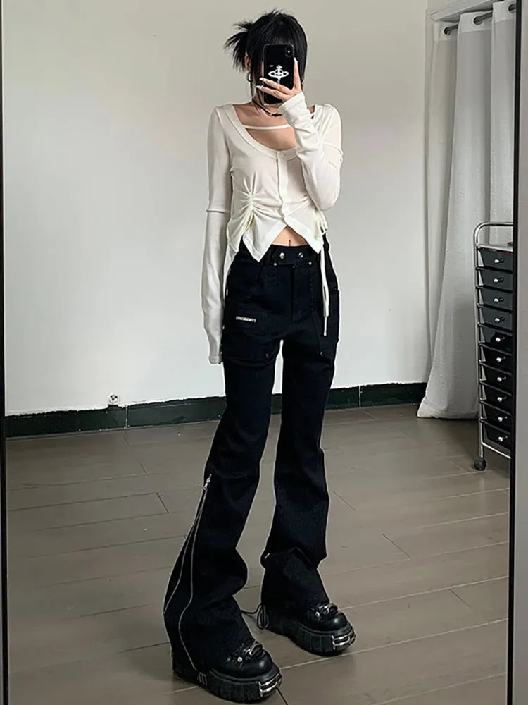 LANFUBEISI Techwear Mall Gothic Streetwear Zipper Pants Grunge Style Harajuku High Waist Flare Trousers Y2k Women Fashion Clothes