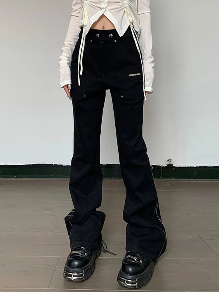 LANFUBEISI Techwear Mall Gothic Streetwear Zipper Pants Grunge Style Harajuku High Waist Flare Trousers Y2k Women Fashion Clothes