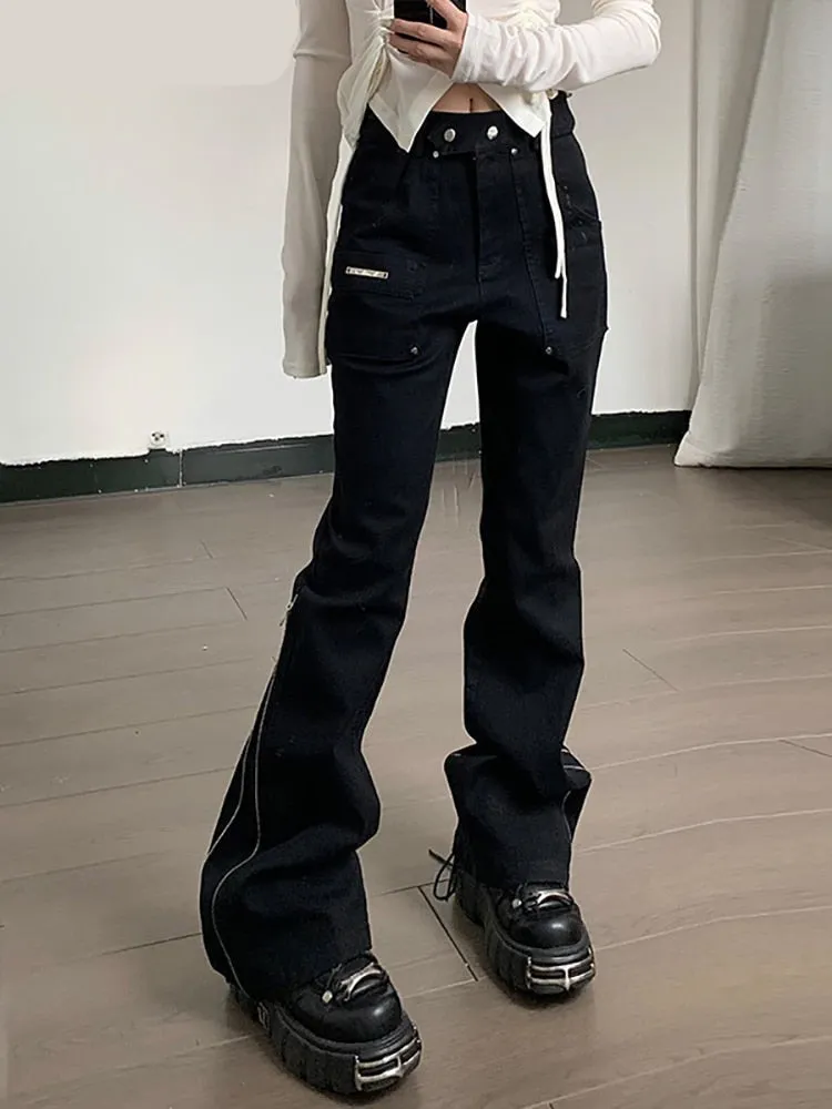 LANFUBEISI Techwear Mall Gothic Streetwear Zipper Pants Grunge Style Harajuku High Waist Flare Trousers Y2k Women Fashion Clothes