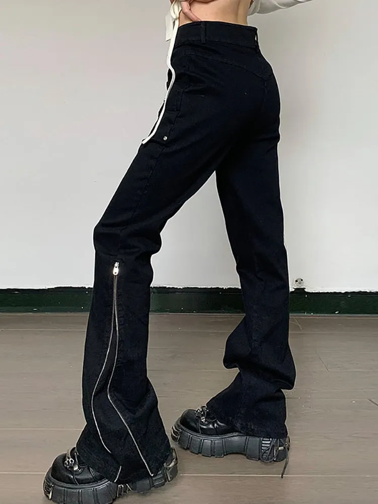 LANFUBEISI Techwear Mall Gothic Streetwear Zipper Pants Grunge Style Harajuku High Waist Flare Trousers Y2k Women Fashion Clothes