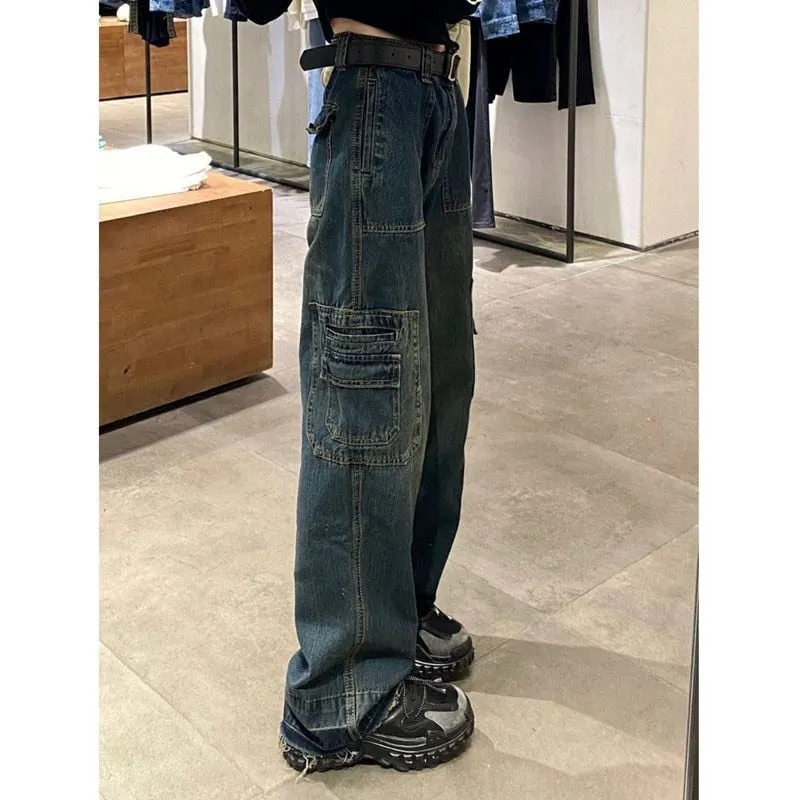LANFUBEISI Y2K Women Korean Vintage Streetwear Baggy Cargo Jeans High Waist Straight Wide Leg Pants Denim Trousers Fairy Grunge Alt Clothes