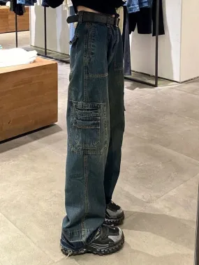 LANFUBEISI Y2K Women Korean Vintage Streetwear Baggy Cargo Jeans High Waist Straight Wide Leg Pants Denim Trousers Fairy Grunge Alt Clothes