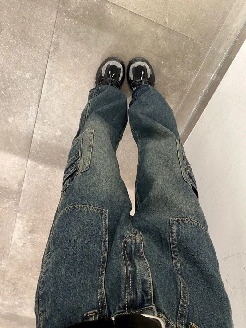 LANFUBEISI Y2K Women Korean Vintage Streetwear Baggy Cargo Jeans High Waist Straight Wide Leg Pants Denim Trousers Fairy Grunge Alt Clothes