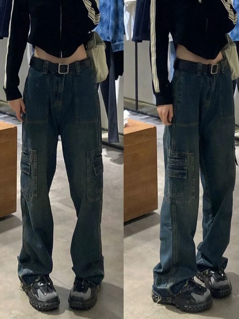 LANFUBEISI Y2K Women Korean Vintage Streetwear Baggy Cargo Jeans High Waist Straight Wide Leg Pants Denim Trousers Fairy Grunge Alt Clothes