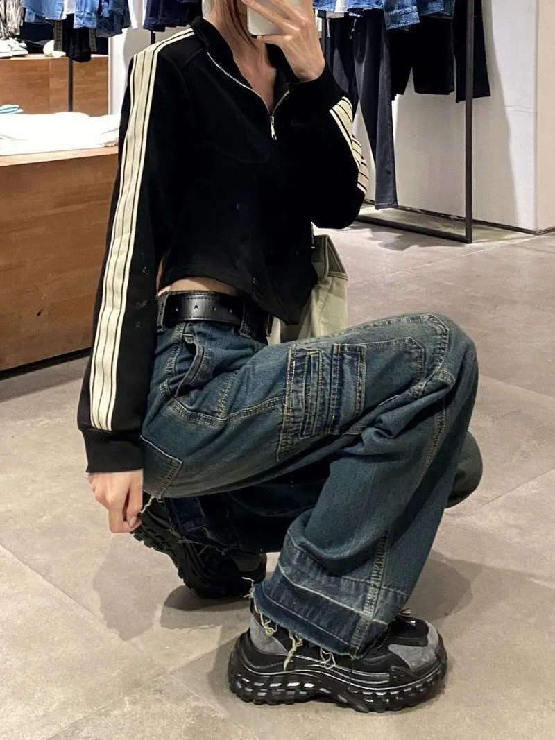 LANFUBEISI Y2K Women Korean Vintage Streetwear Baggy Cargo Jeans High Waist Straight Wide Leg Pants Denim Trousers Fairy Grunge Alt Clothes