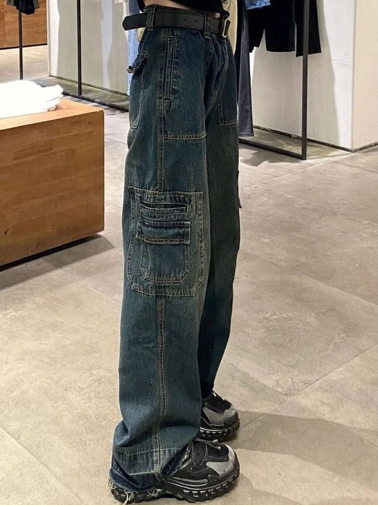 LANFUBEISI Y2K Women Korean Vintage Streetwear Baggy Cargo Jeans High Waist Straight Wide Leg Pants Denim Trousers Fairy Grunge Alt Clothes