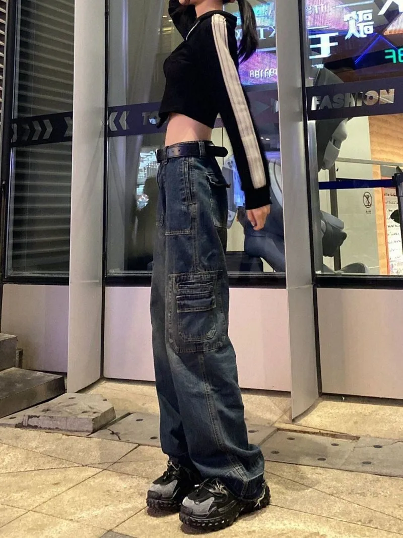 LANFUBEISI Y2K Women Korean Vintage Streetwear Baggy Cargo Jeans High Waist Straight Wide Leg Pants Denim Trousers Fairy Grunge Alt Clothes